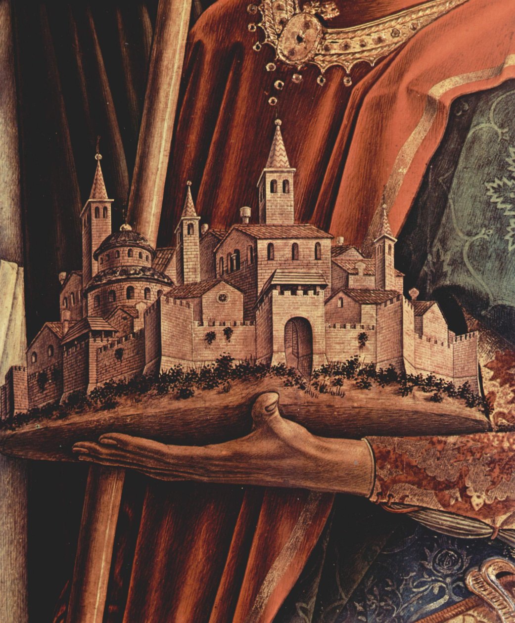 Altaarstuk triptiek, rechterpaneel: Sint Petrus Martelaar en Sint Venetianus van Camerino, detail: stadsmodel van Camerino in handen van de stadsheilige Venetianus door Carlo Crivelli