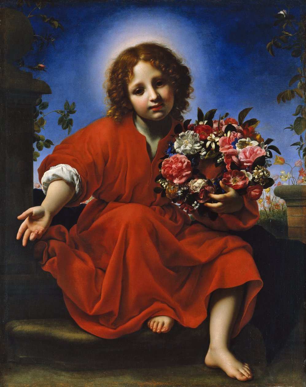 Spaans:  El Niño Jesús con una corona de flores Het kindje Christus met een bloemenkrans door Carlo Dolci