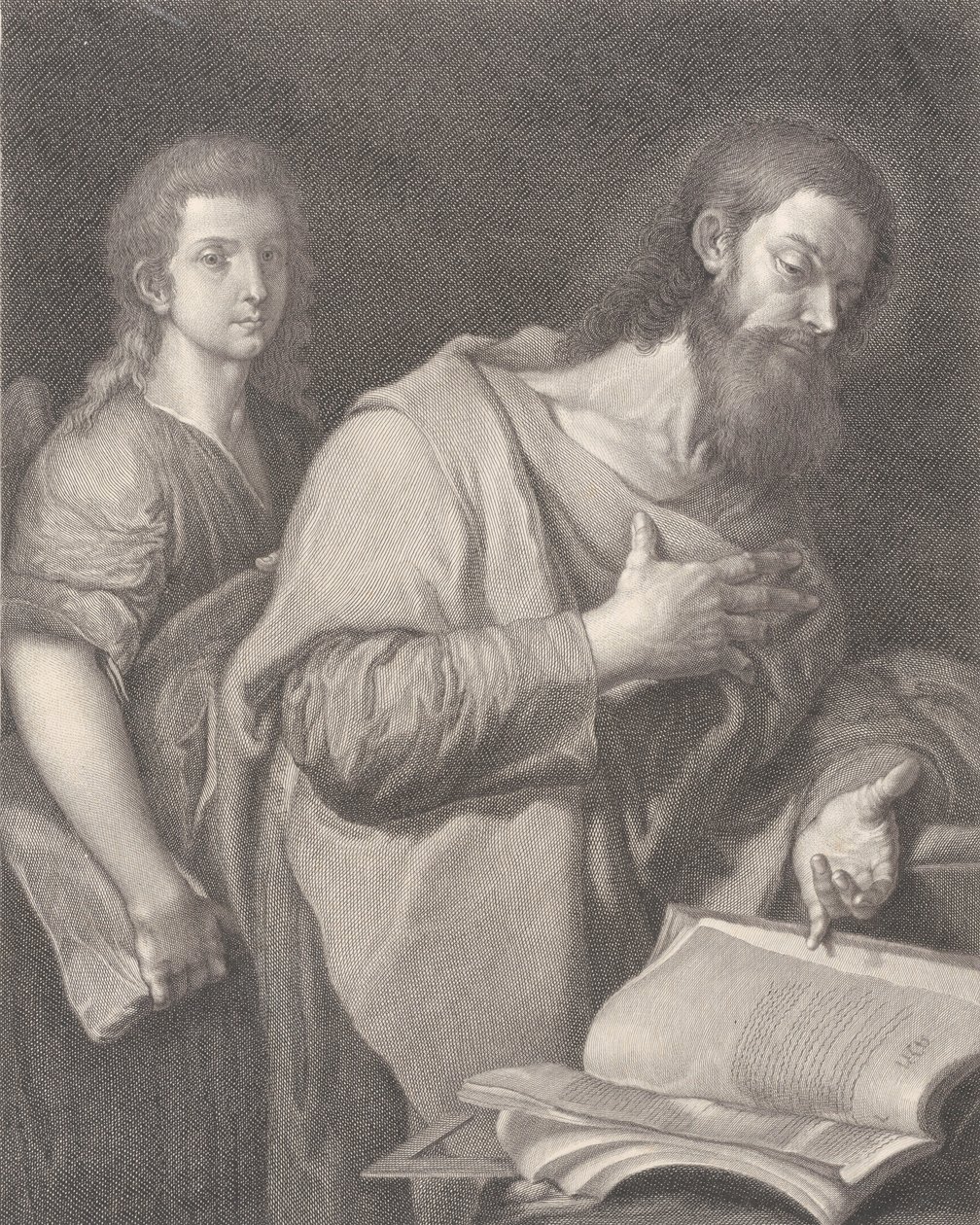 Sint Mattheüs, staand voor een boek rechts met een hand op zijn borst, een andere man be..., 1750-84 door Carlo Faucci