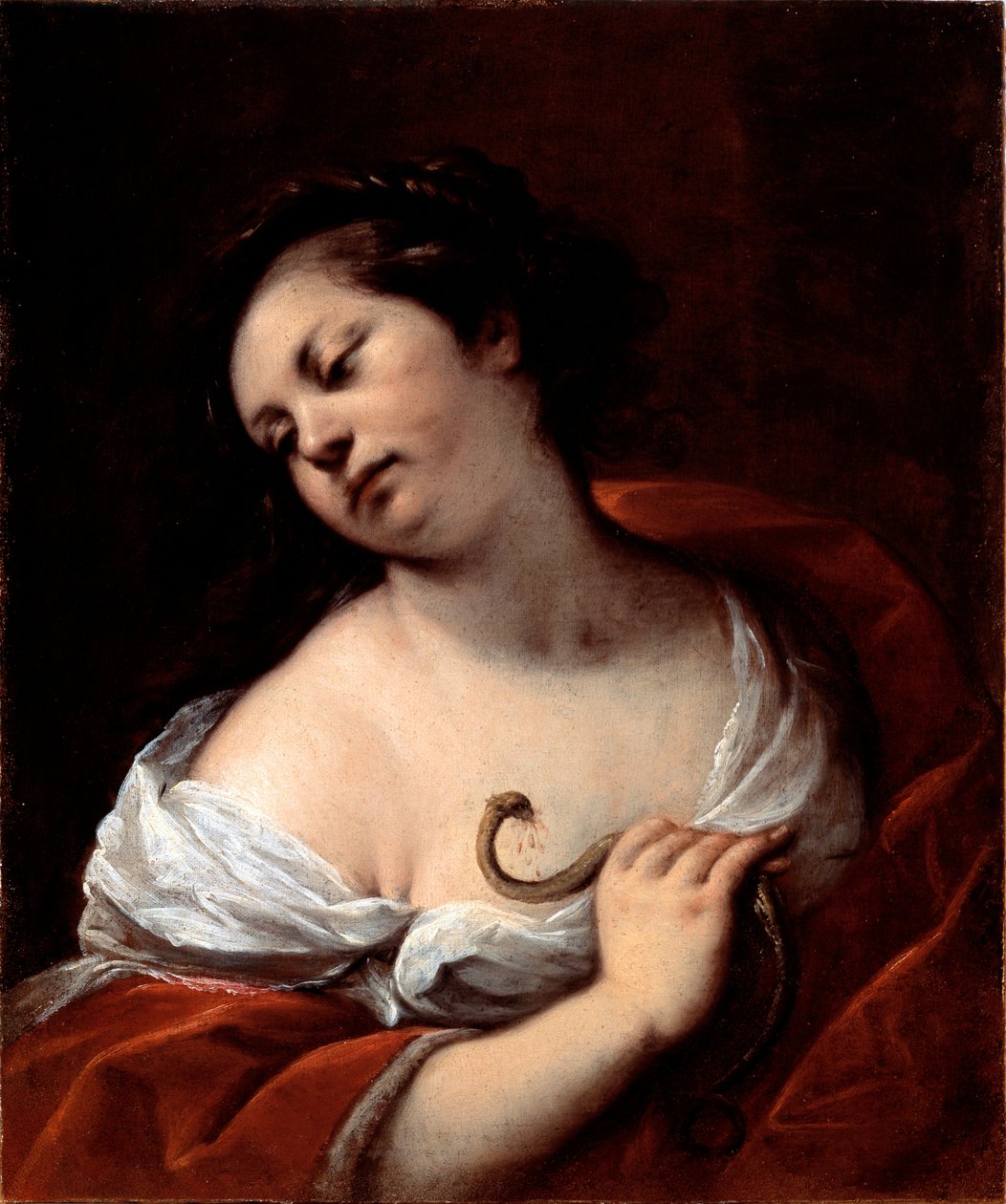 De zelfmoord van Cleopatra De koningin van Egypte Cleopatra VII Thea Philopator (69-30 v.Chr.) pleegt zelfmoord door gebeten te worden door een adder (zelfmoord van Cleopatra) Schilderij door Carlo Francesco Nuvolone (ca. 1609-1662) door Carlo Francesco Nuvolone