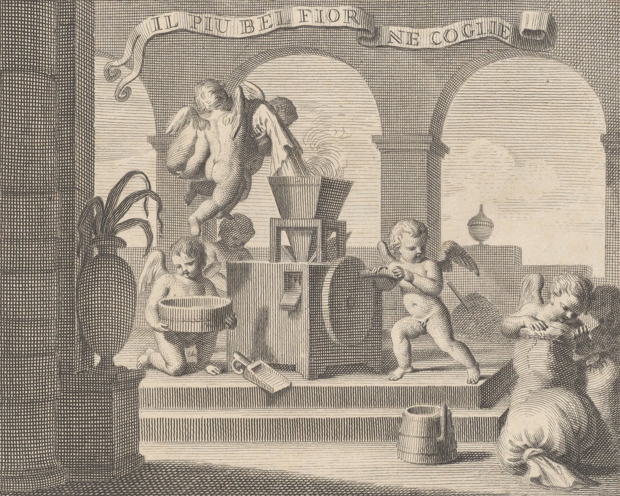 Zij verzamelt de mooiste bloem Il più bel fior ne coglie, een groep van zes putti aan het werk..., 1740-59 door Carlo Gregori