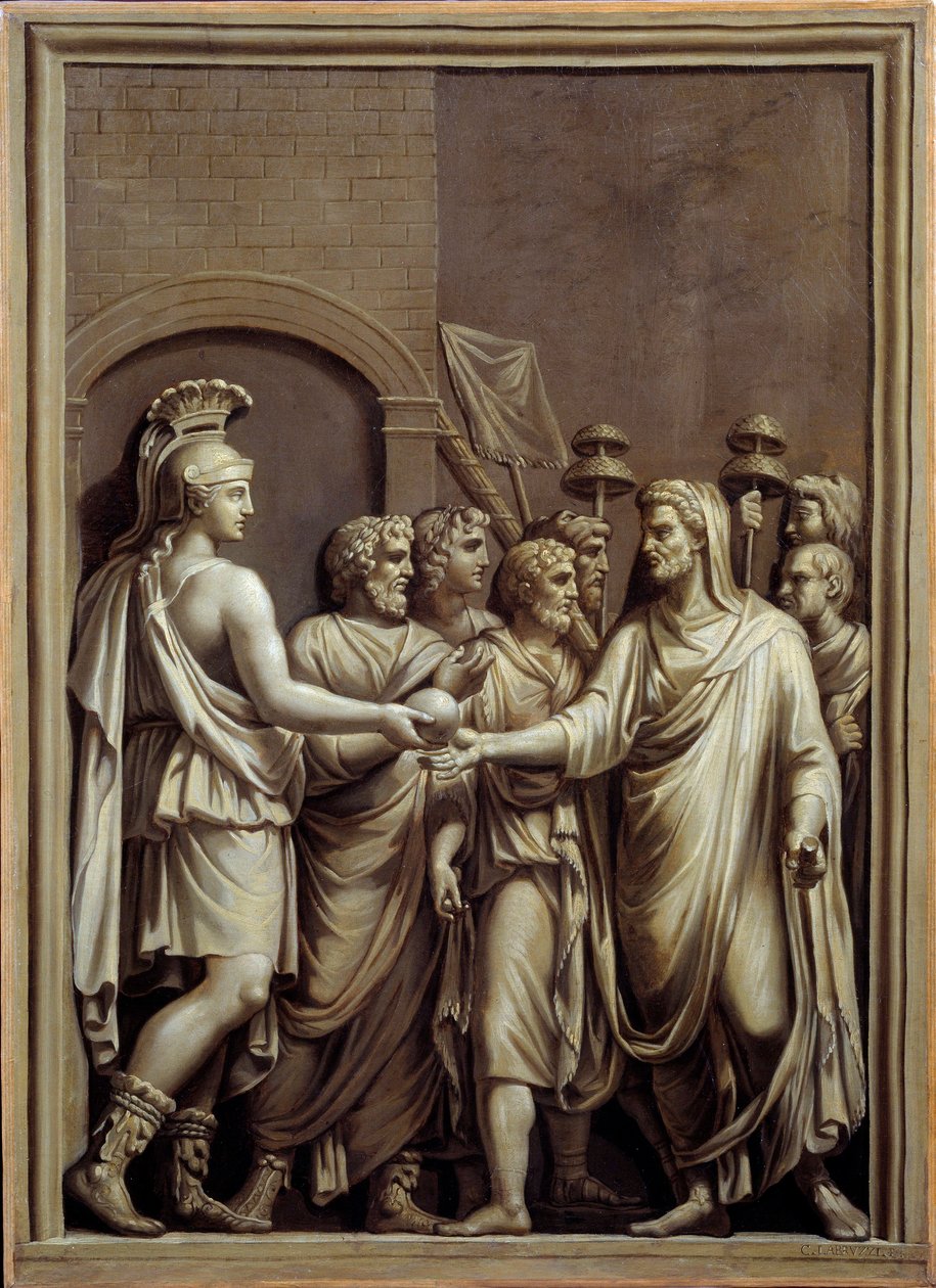 Oud Rome: krijger en man in een toga die een bol uitwisselen door Carlo Labruzzi