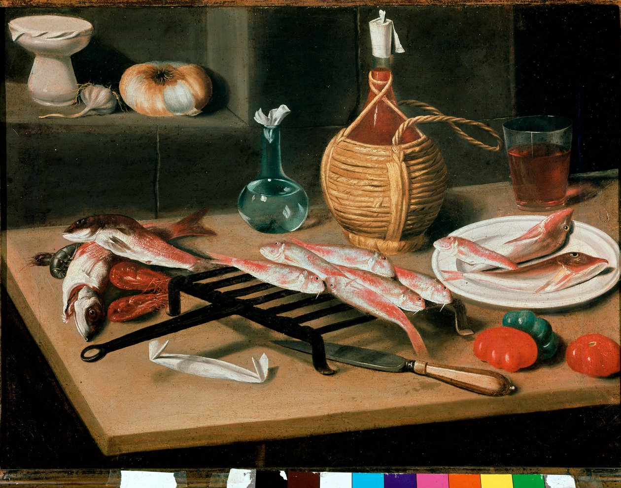 Stilleven tafel met gegrilde vis (mullet) en fles wijn. Schilderij door Carlo Magini (1720-1806). Faenza, Pinacoteca comunale door Carlo Magini