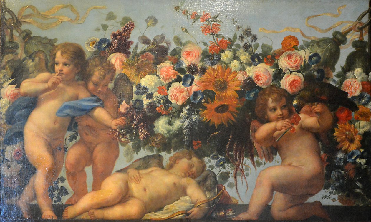 Frans:  Amour et guirlande de fleurs avec perroquet Cupido