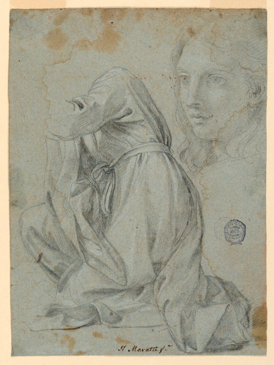 Tekening, Studies: Het kleed van een knielende vrouw. Het hoofd van een jonge vrouw, 1650-1675 door Carlo Maratti