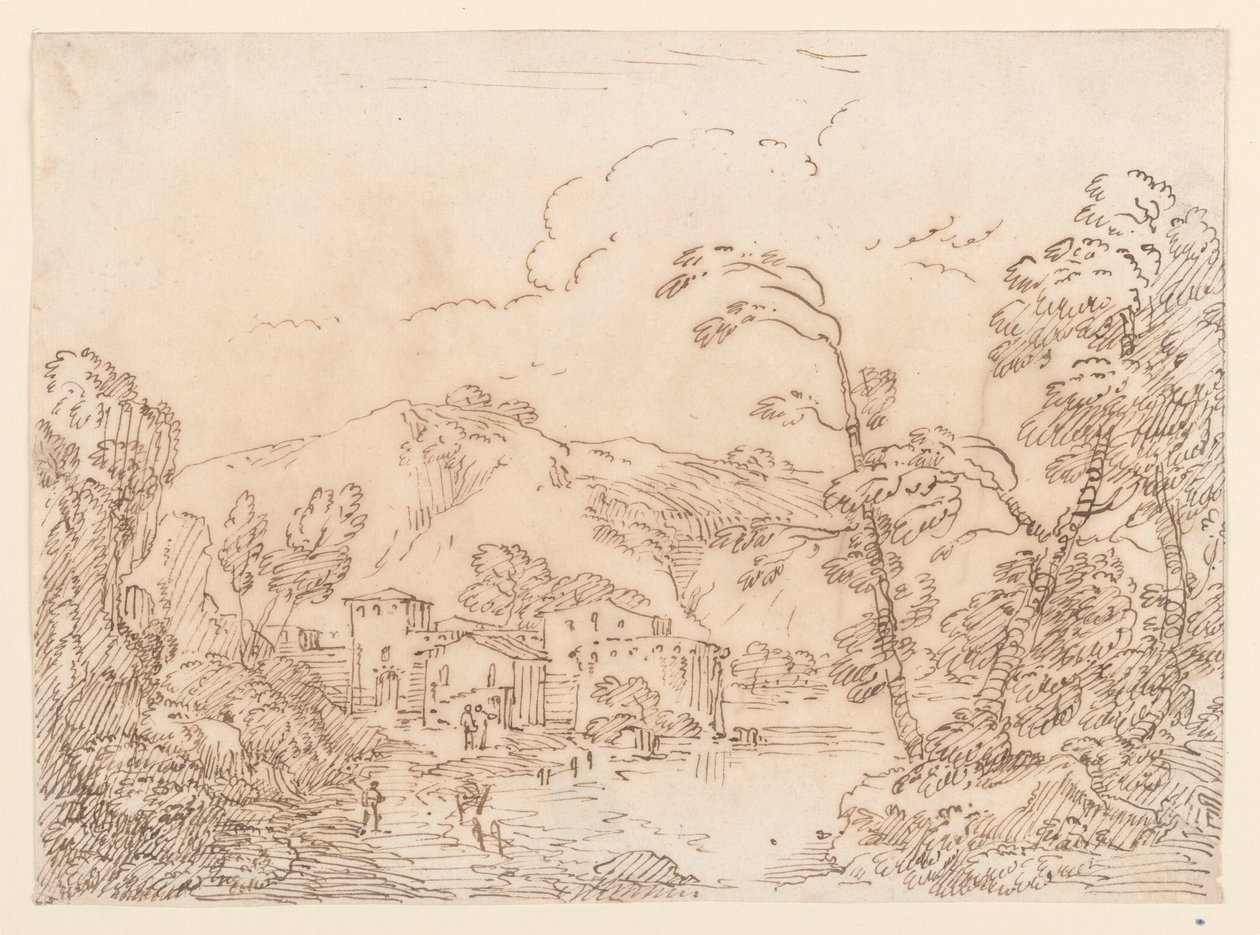 Tekening, Een dorp aan een beek in bergachtig land, 1770-86 door Carlo Marchionni