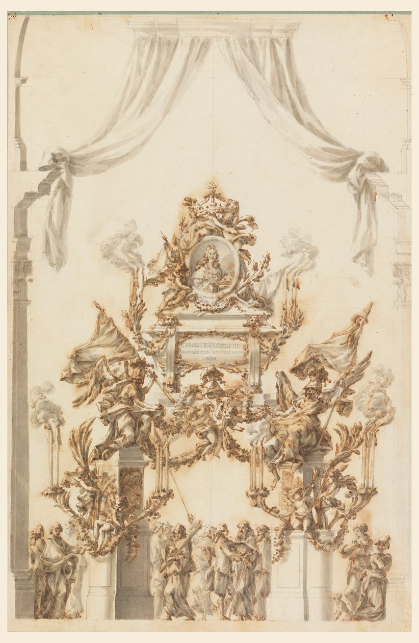 Tekening, Ontwerp voor een Catafalk voor Karel Emanuel III van Sardinië, 1773 door Carlo Marchionni
