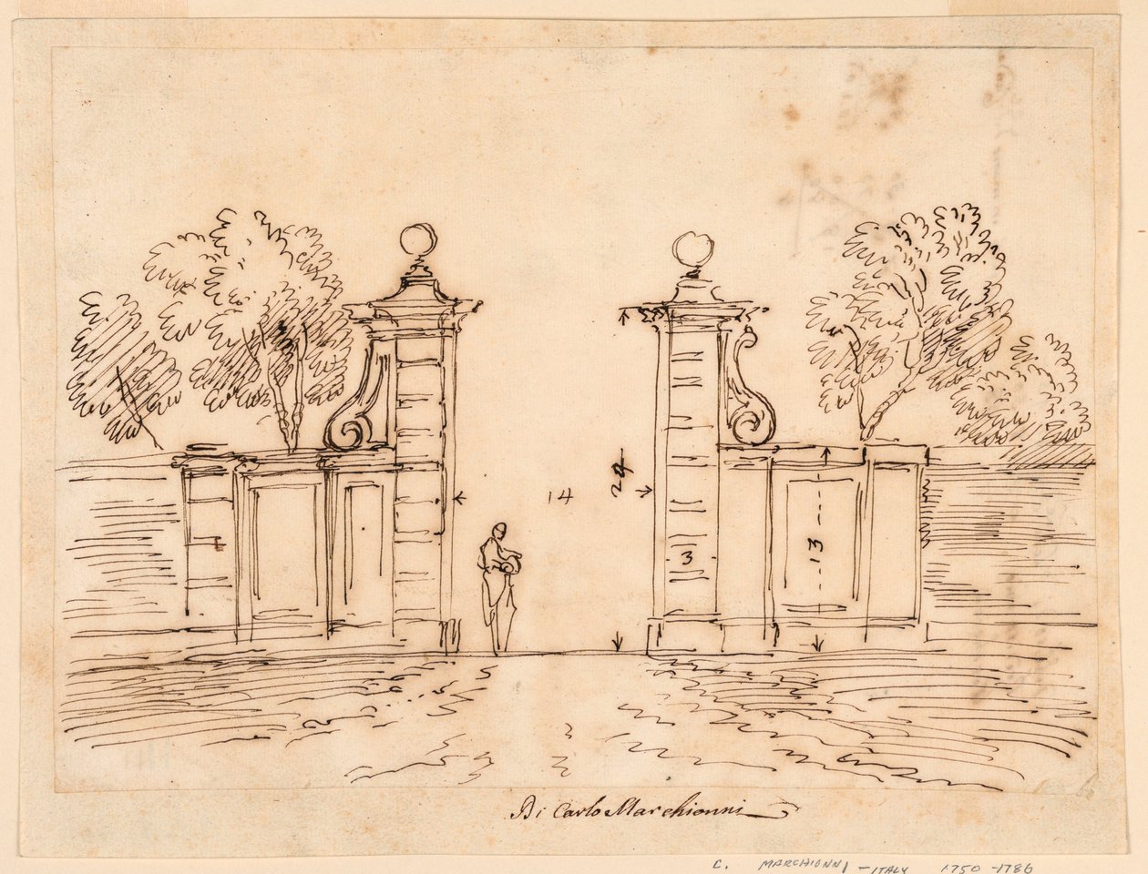 Tekening, Ontwerp voor een poort van een villa, 1750-55 door Carlo Marchionni