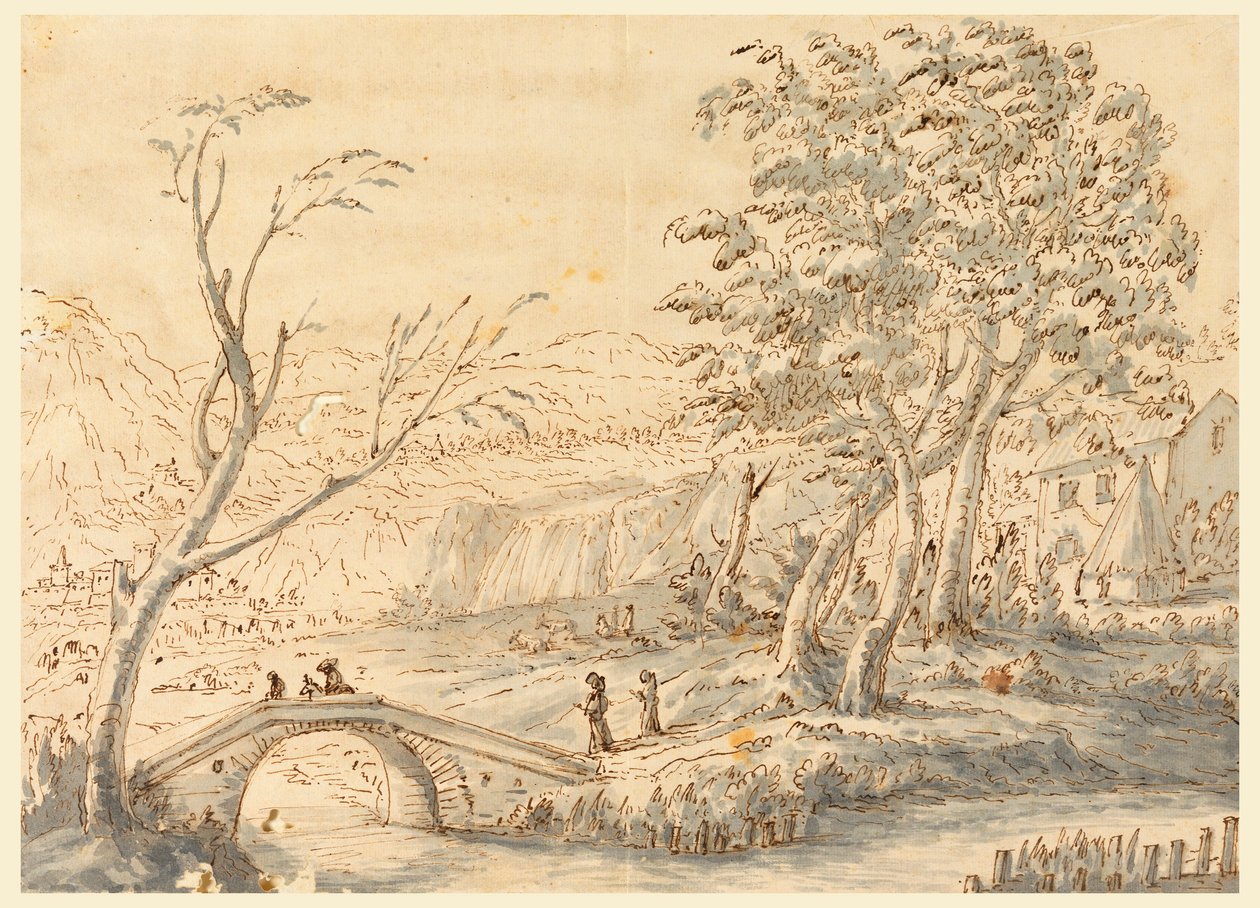 Tekening, Landschap met brug, 1770-1786 door Carlo Marchionni