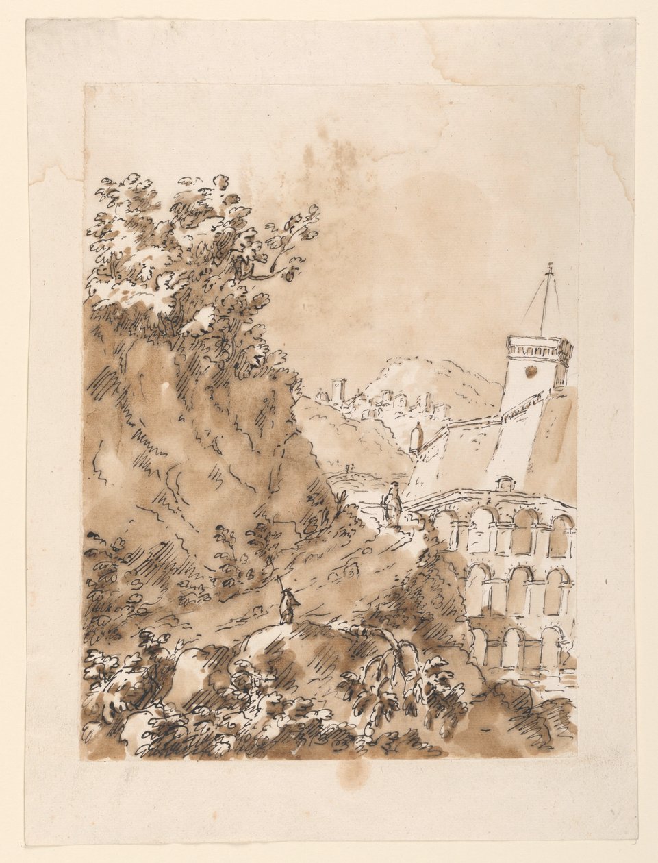 Tekening, Landschap met bergstad, 1760-80 door Carlo Marchionni
