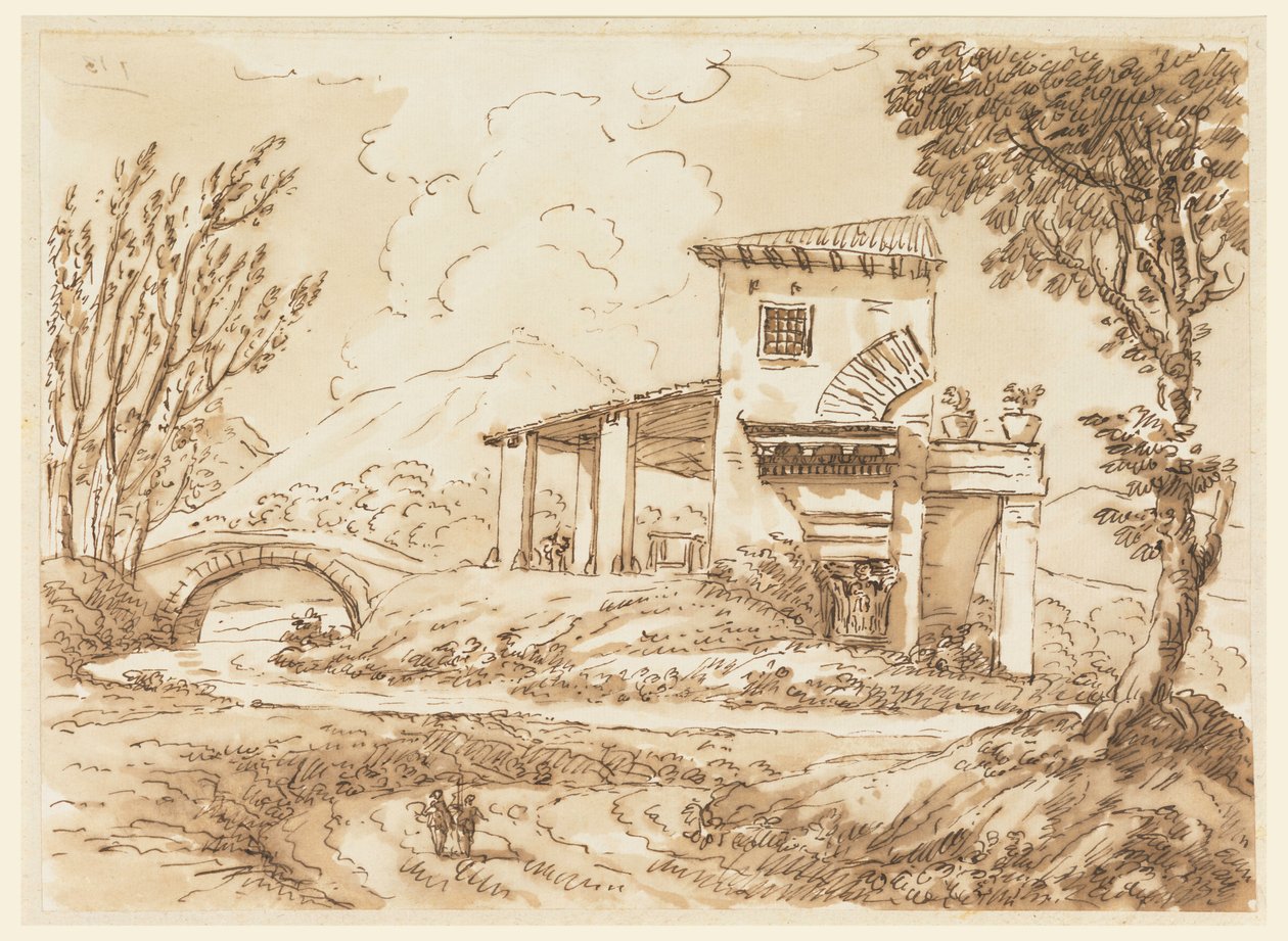 Tekening, Landschap met villa, 1750-60 door Carlo Marchionni