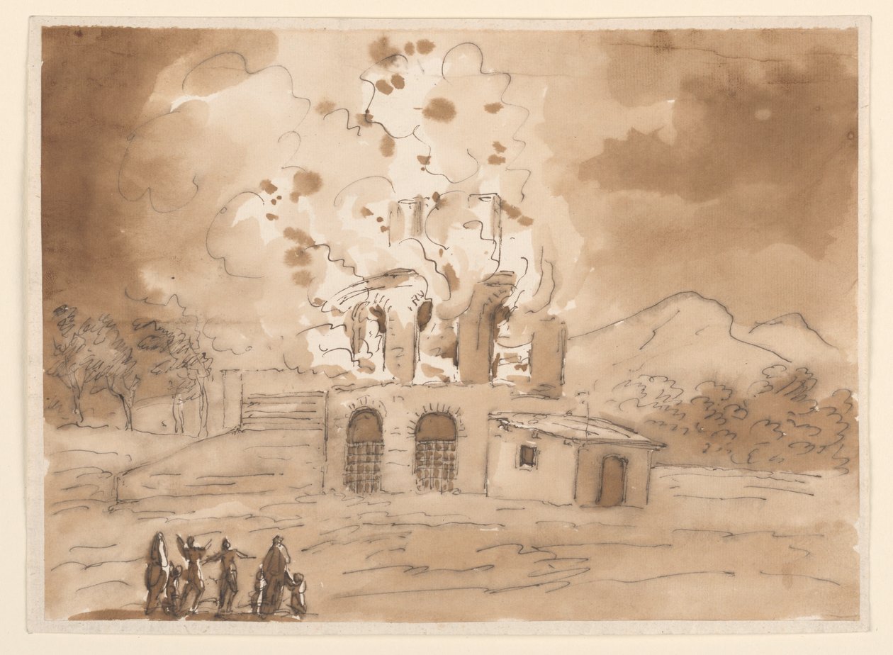 Tekening, Landschap met een brandende toren, ca. 1780 door Carlo Marchionni