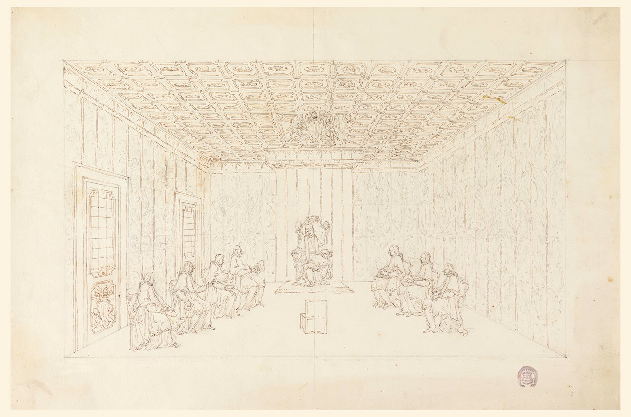 Tekening, paus Benedictus XIV in een consistorie met kardinalen, 1740-58 door Carlo Marchionni