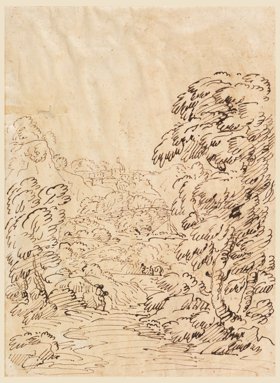 Tekening, Weg naar een bergachtig stadje, 1750-86 door Carlo Marchionni