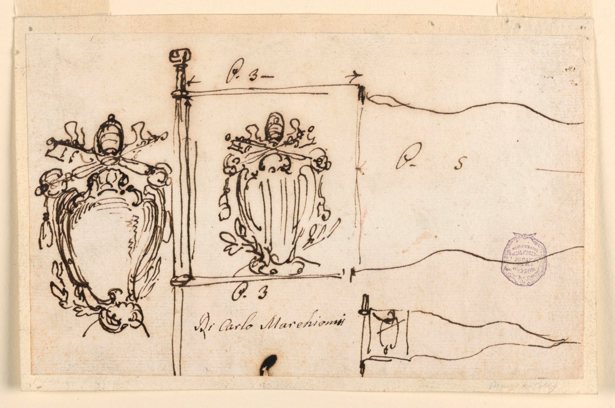 Tekening, Drie schetsen voor een standaard van paus Benedictus XIV, 1740-58 door Carlo Marchionni