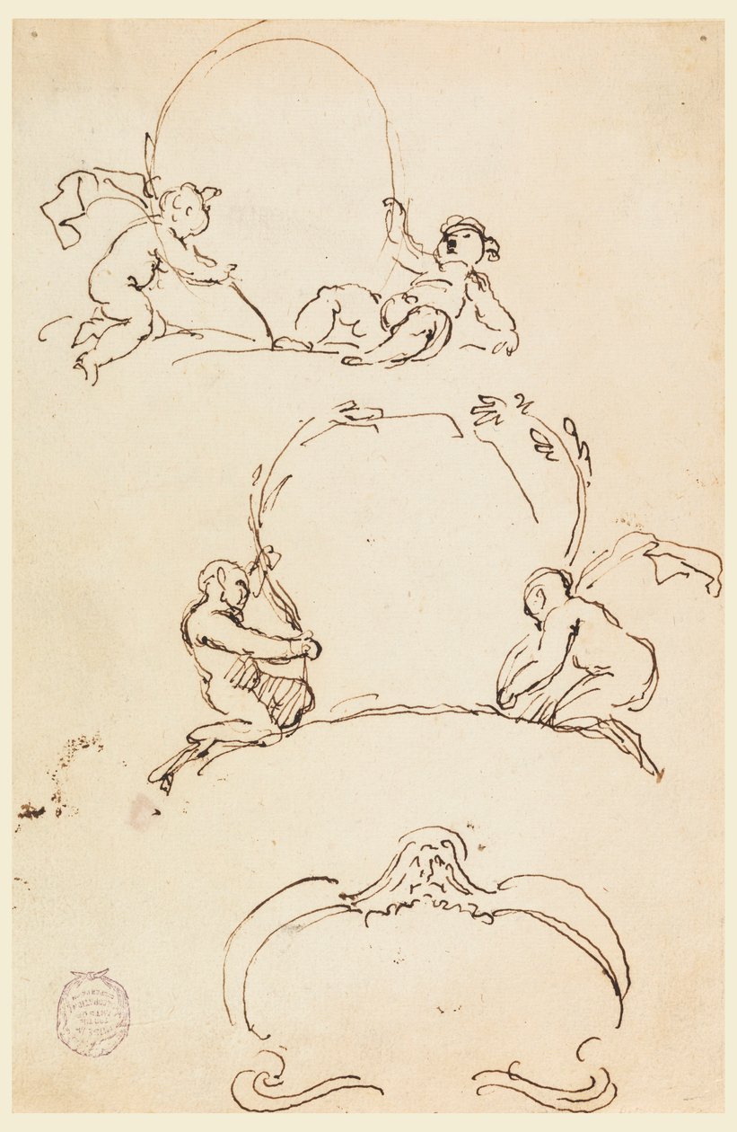 Tekening, Drie schetsen van cartouches, voor 1775 door Carlo Marchionni