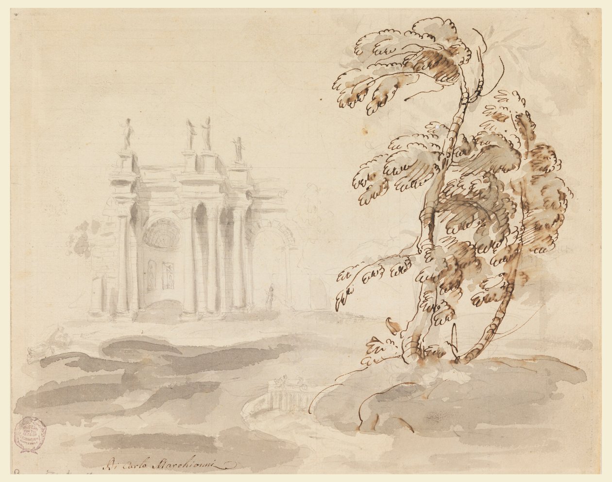 Tekening, Boom in landschap met gebouw, 1756-78 door Carlo Marchionni