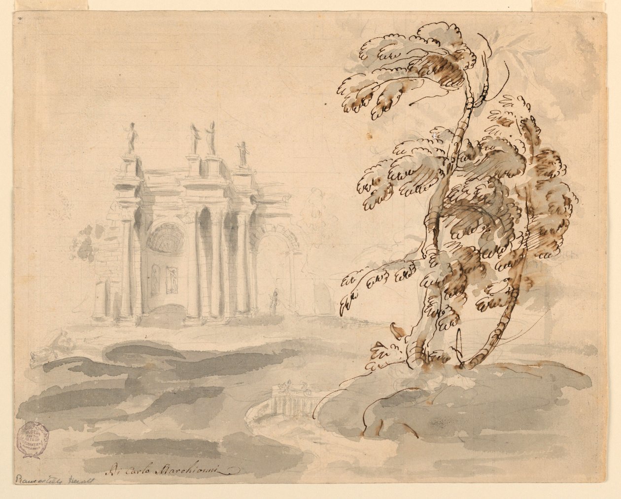 Tekening, Boom in landschap met gebouw, 1756-78 door Carlo Marchionni