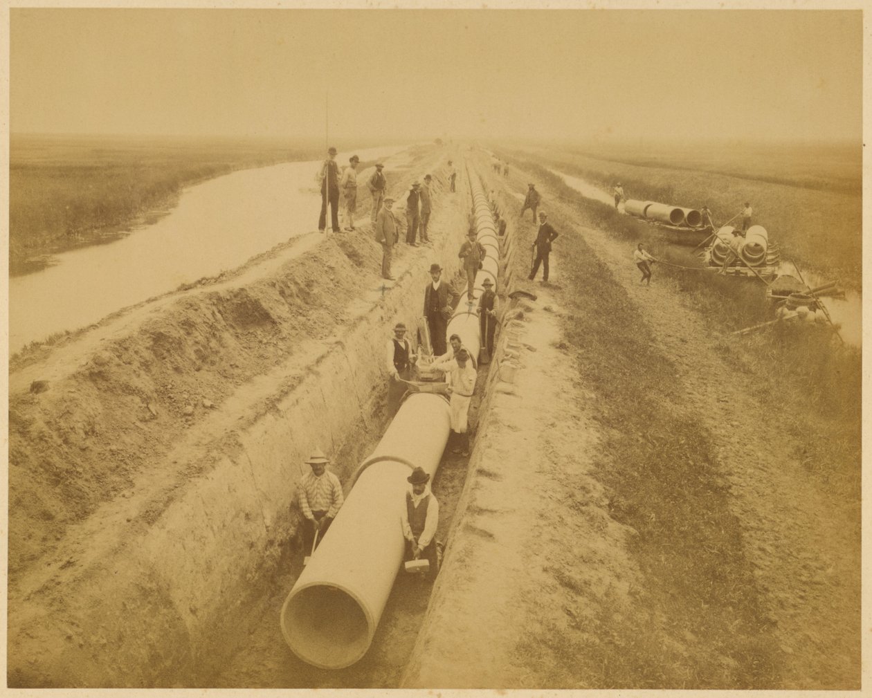 Waterleiding van Venetië (nieuwe leiding). Bouwplaats van de dijk door Carlo Naya