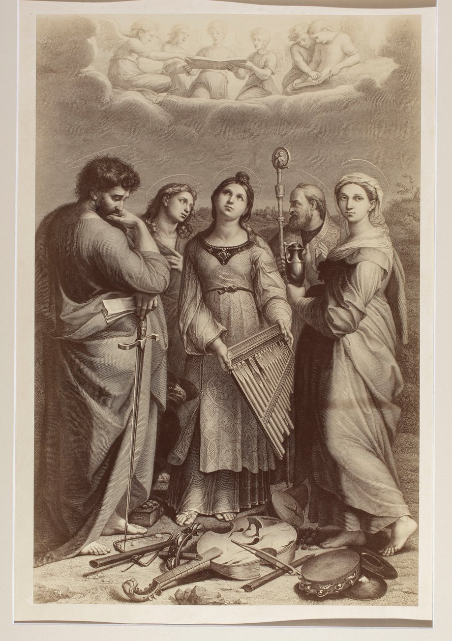 "De extase van de heilige Cecilia", kopergravure van een onbekende kunstenaar naar een schilderij van Rafaël (1483-1520) door Carlo Naya