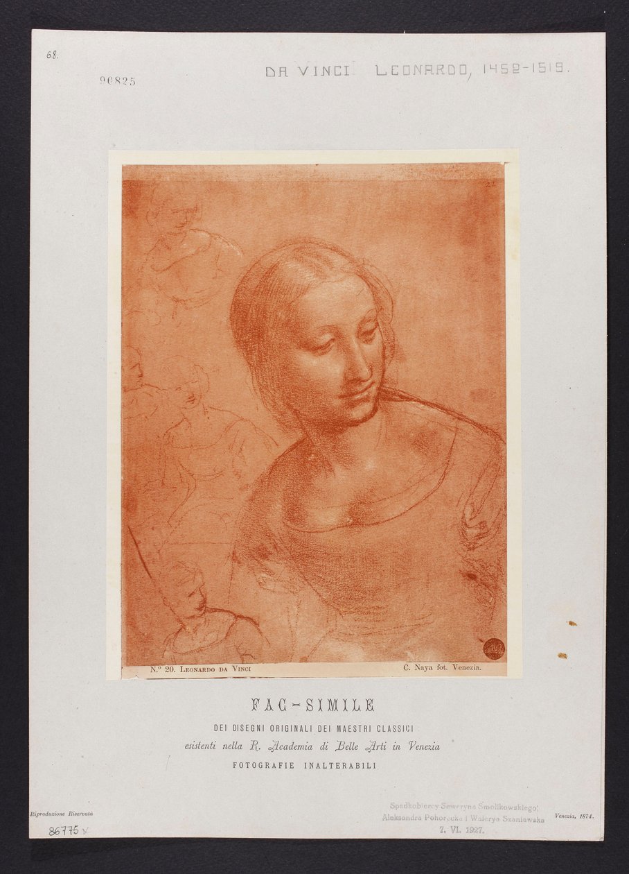 Studie eines weiblichen Büstenbildes, Zeichnung von Leonardo da Vinci (1452-1519) aus der Sammlung der R. Accademia di Belle Arti in Venedig; Tafel aus der Mappe: "Fac-simile dei disegni originali dei maestri classici esistenti nella R. Academia di Belle A door Carlo Naya