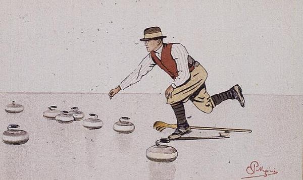 Man die een steen werpt in een curlingwedstrijd door Carlo Pellegrini
