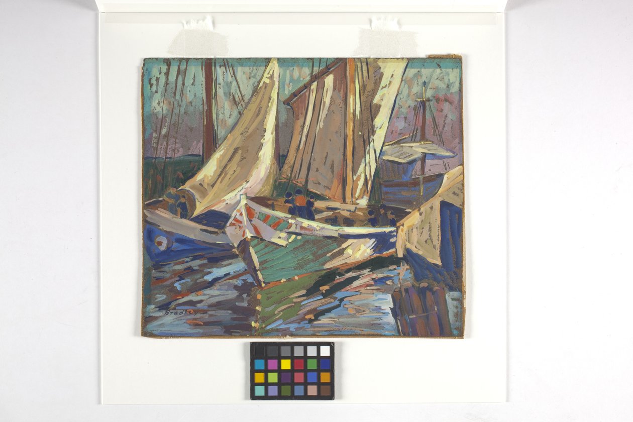 Vissersboten in de haven (gouache op bruin papier) door Carolyn Bradley