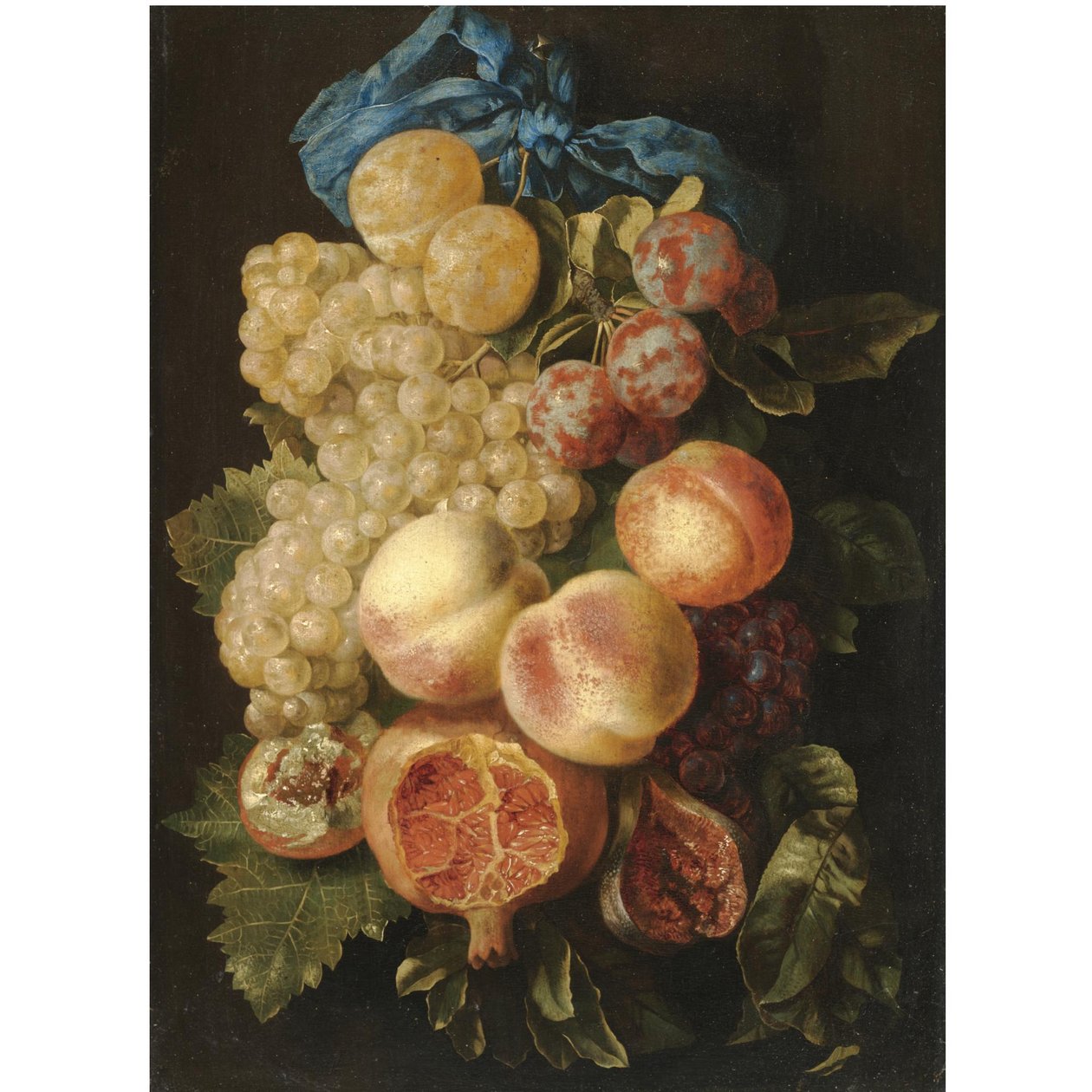Een stilleven met pruimen, druiven, perziken en een granaatappel gebonden met een blauw lint door Carstian Luyckx