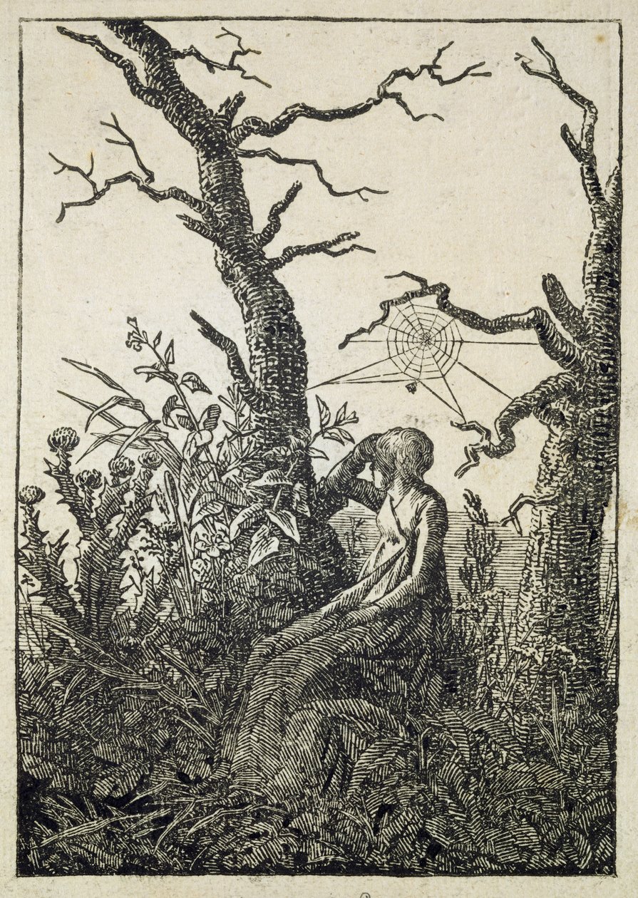 De vrouw met een spinnenweb in het midden van bladloze bomen door Caspar David Friedrich