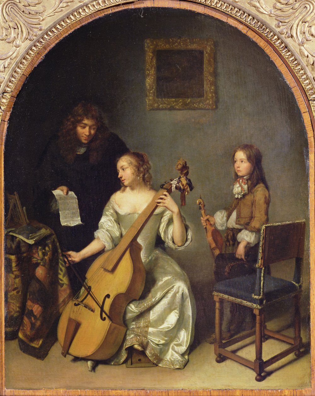 De les in de basviool door Caspar Netscher
