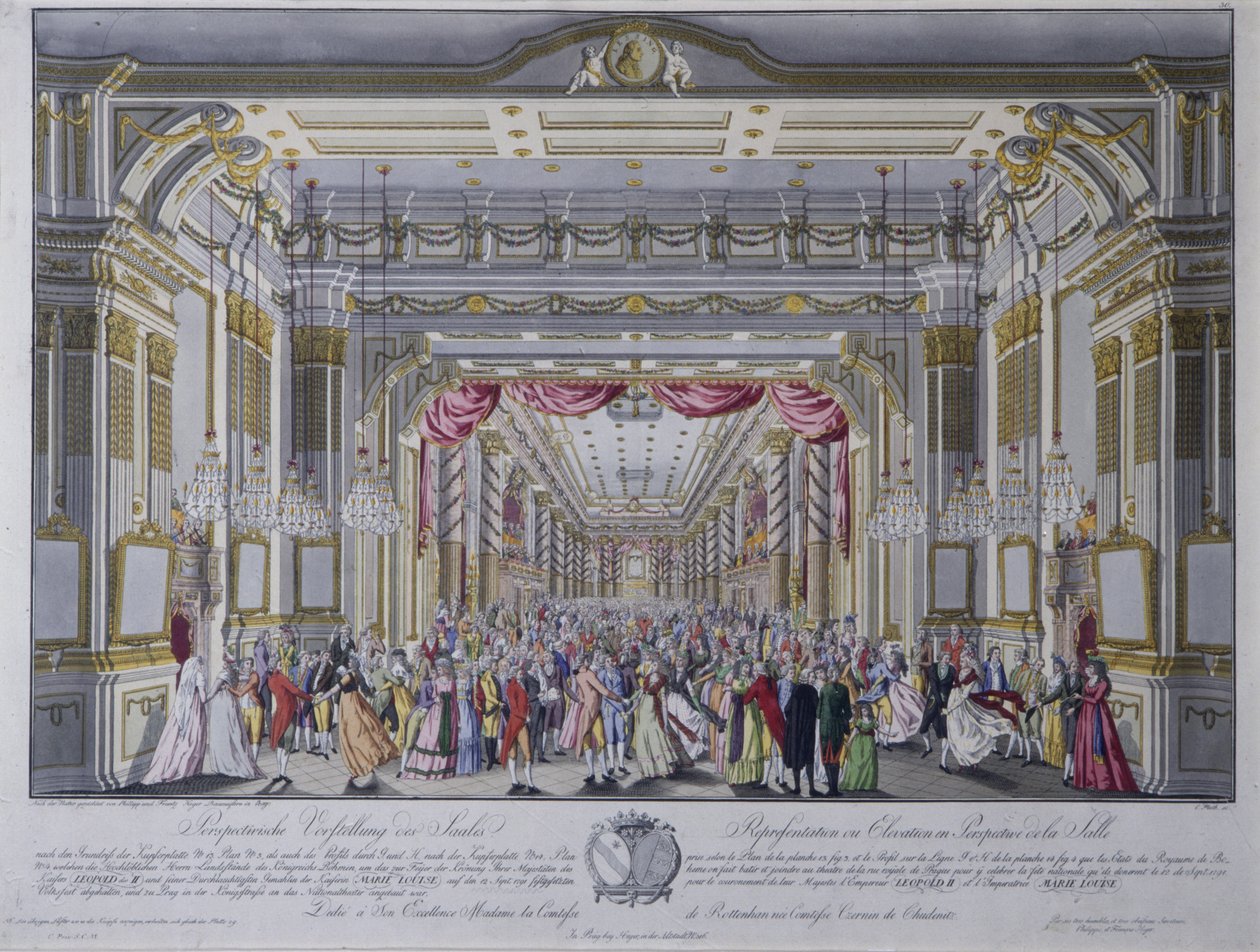 Bal na de kroning van Leopold II als koning van Bohemen in Praag in 1791 (handgekleurde gravure) door Caspar Pluth