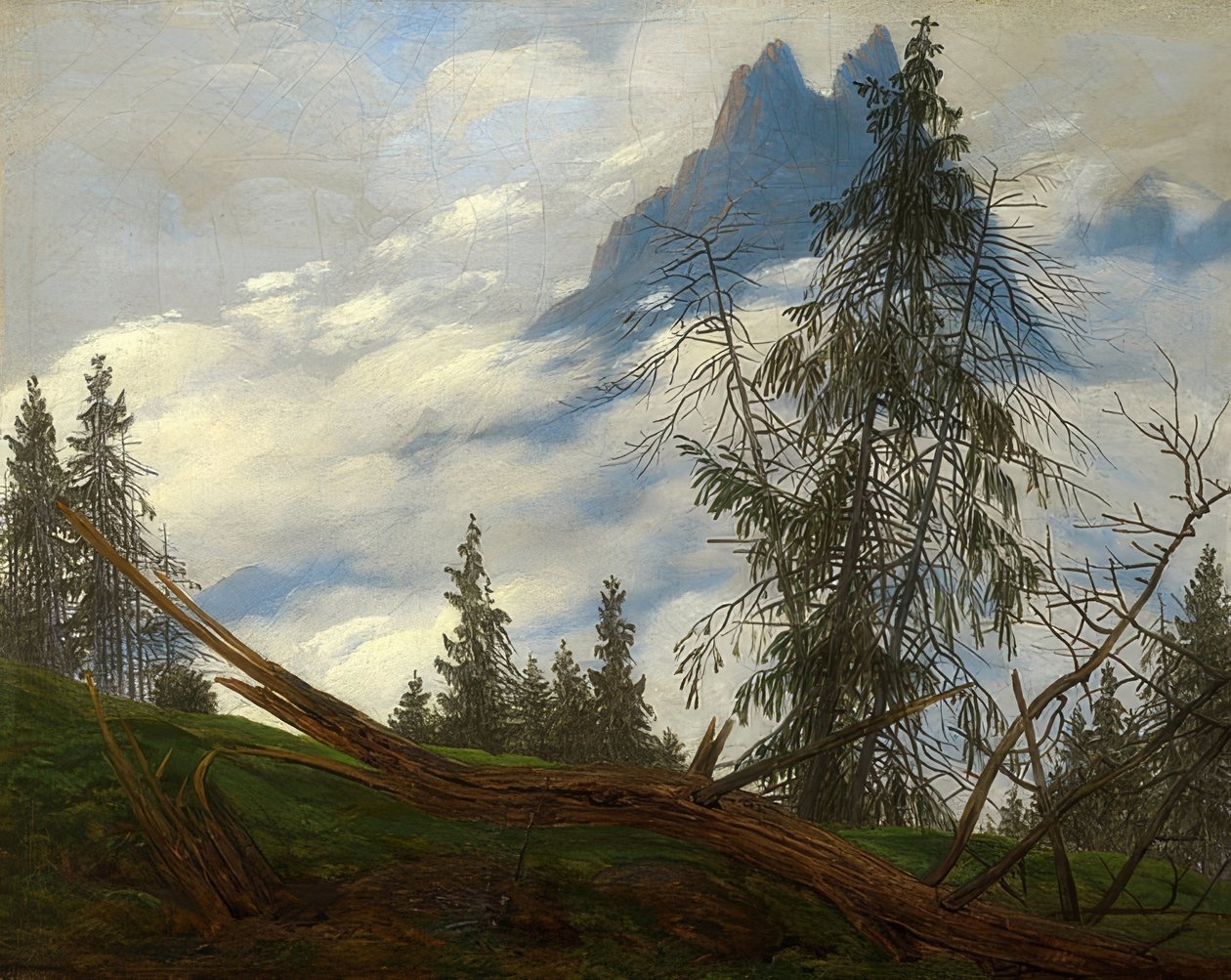 Bergtop met voorbijtrekkende wolken. Rond 1835 door Caspar David Friedrich