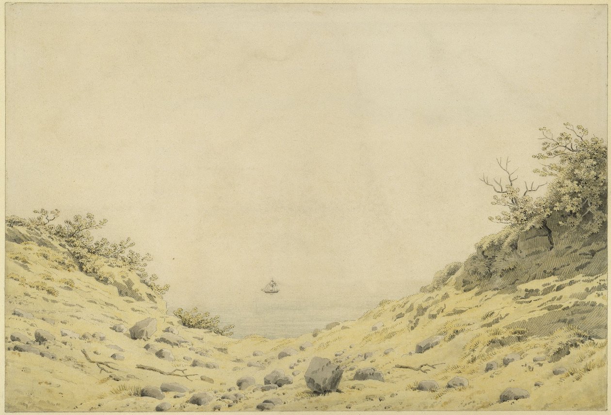 Uitzicht over de duinen naar de zee door Caspar David Friedrich