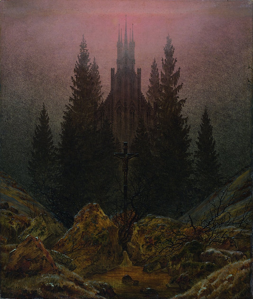 Kruis en kathedraal in de bergen door Caspar David Friedrich