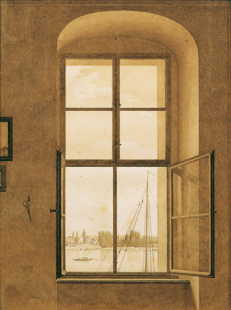 Duits: Blick aus dem Fenster des Künstlers, rechtes Fenster Uitzicht vanuit het raam van het atelier van de kunstenaar, rechter raam door Caspar David Friedrich