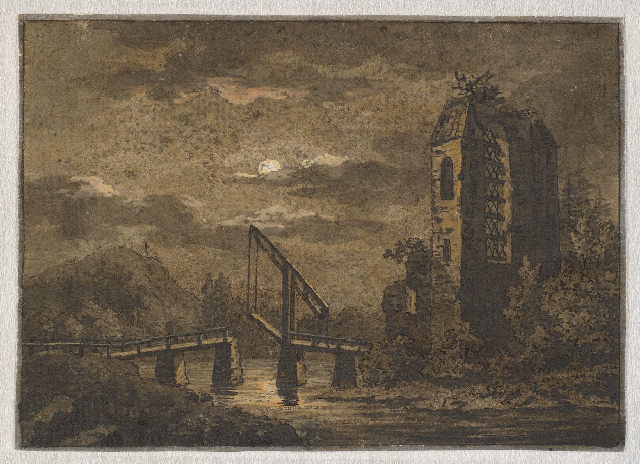 Landschap met wipbrug en ruïne in maanlicht door Caspar David Friedrich