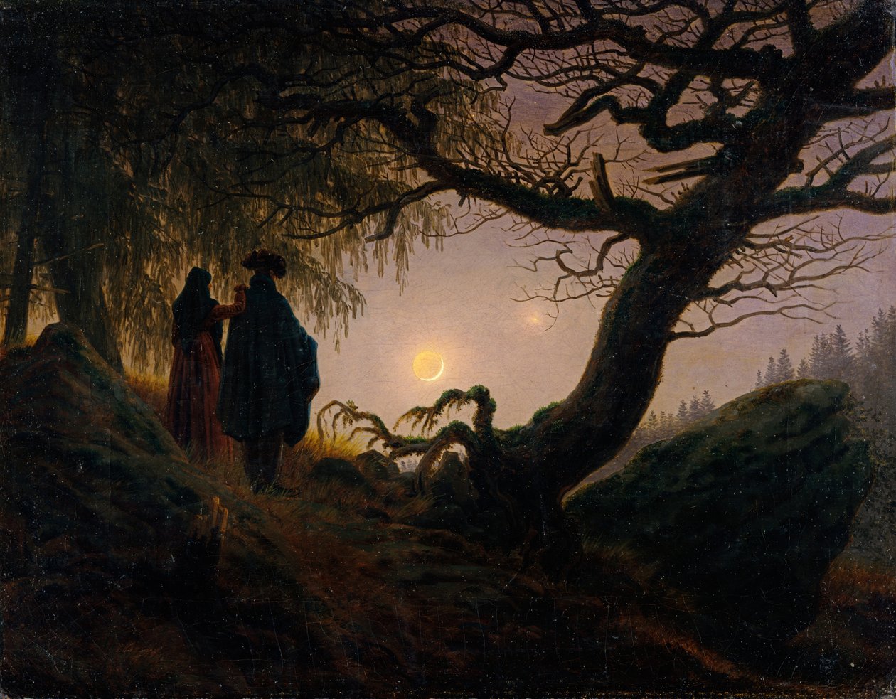 Man en vrouw die naar de maan staren door Caspar David Friedrich