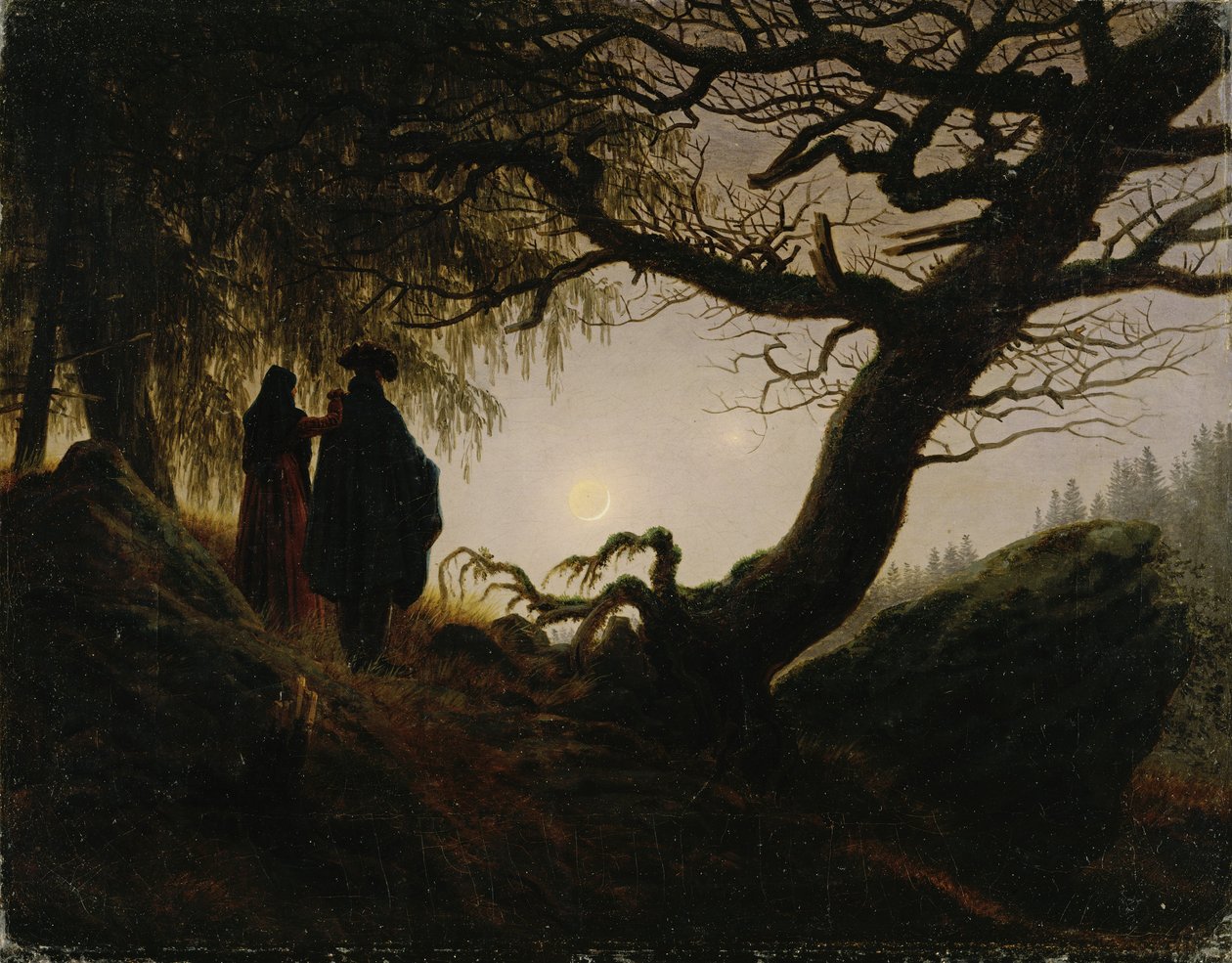 Man en vrouw die naar de maan staren door Caspar David Friedrich
