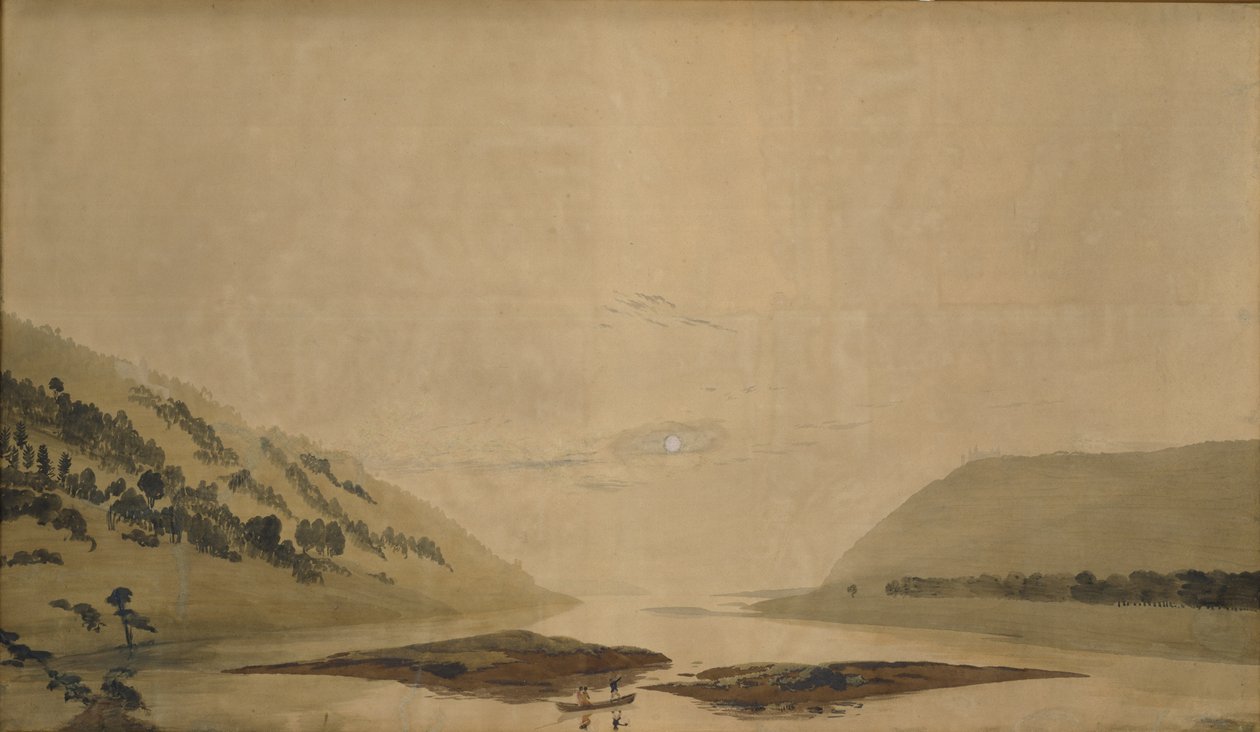 Bergachtig landschap met rivier in de ochtend door Caspar David Friedrich