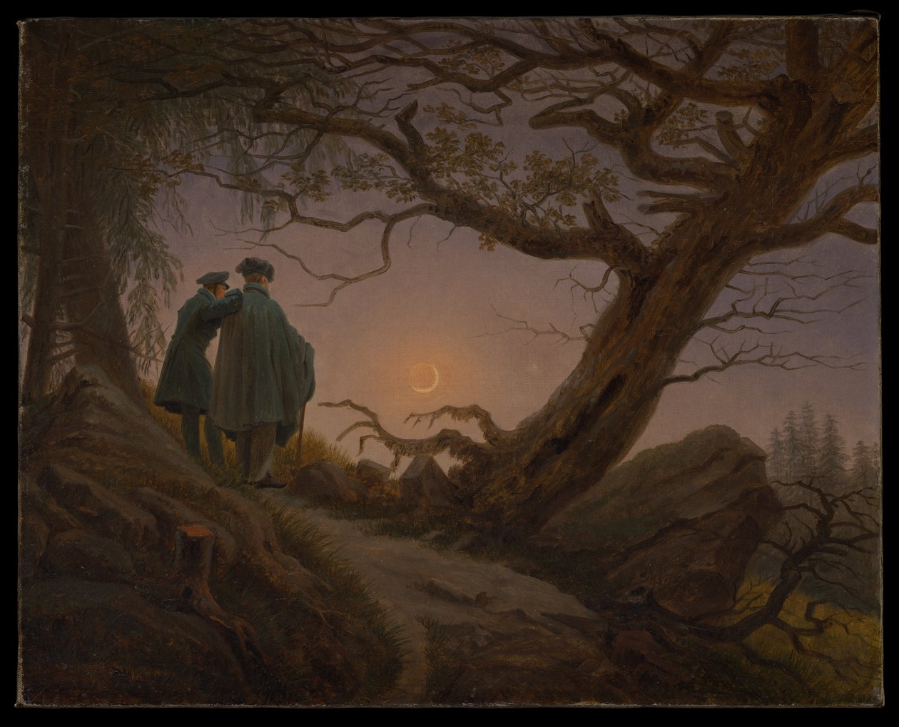 Twee mannen die naar de maan staren door Caspar David Friedrich