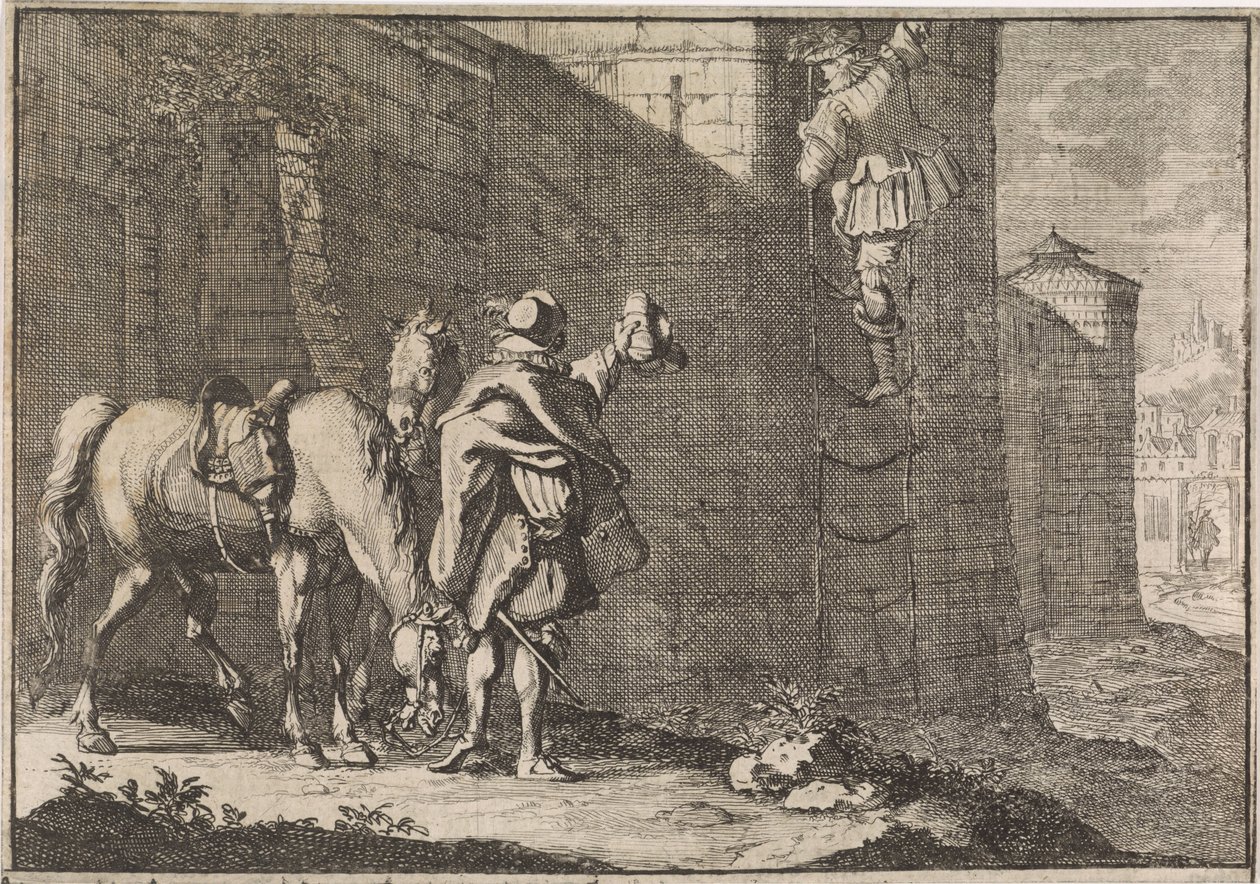 Generaal Hans Georg von Arnim-Boitzenburg ontsnapt uit de gevangenis via een touwlader, 1638 door Caspar Luyken (attributed to)
