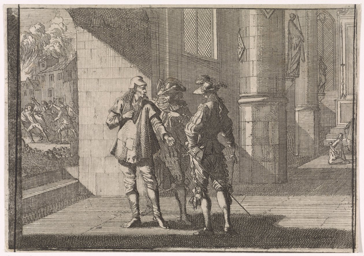Masaniello praat met twee edellieden in een kerk, 1647 door Caspar Luyken (attributed to)