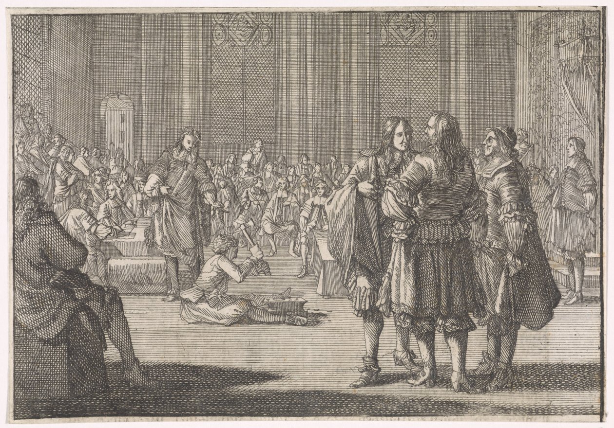 Rijkszegel van Engeland wordt stukgeslagen in het Hogerhuis, 1646 door Caspar Luyken (attributed to)