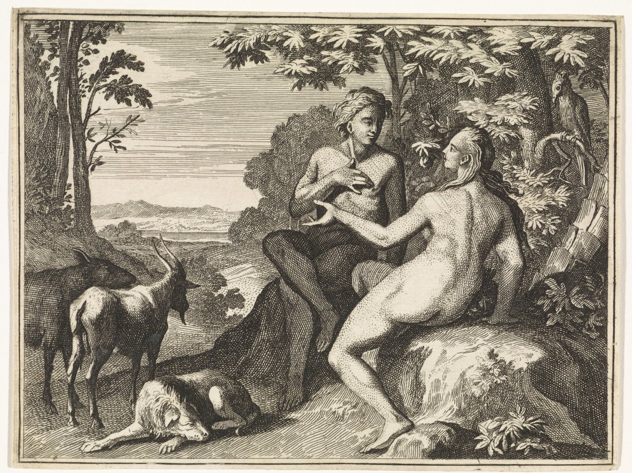 Adam en Eva omringd door de dieren in het paradijs door Caspar Luyken