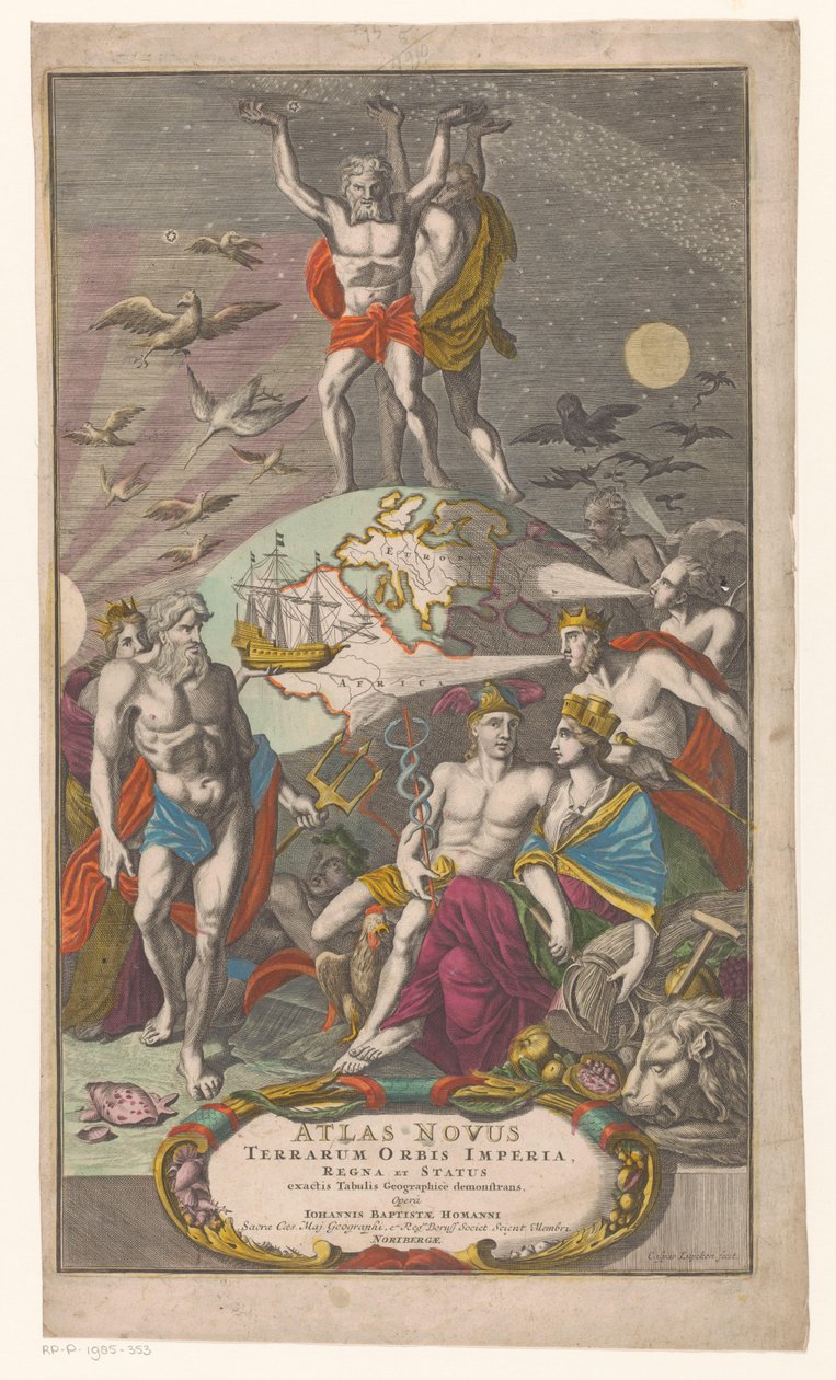 Atlas en Hercules dragen sterrenhemel door Caspar Luyken