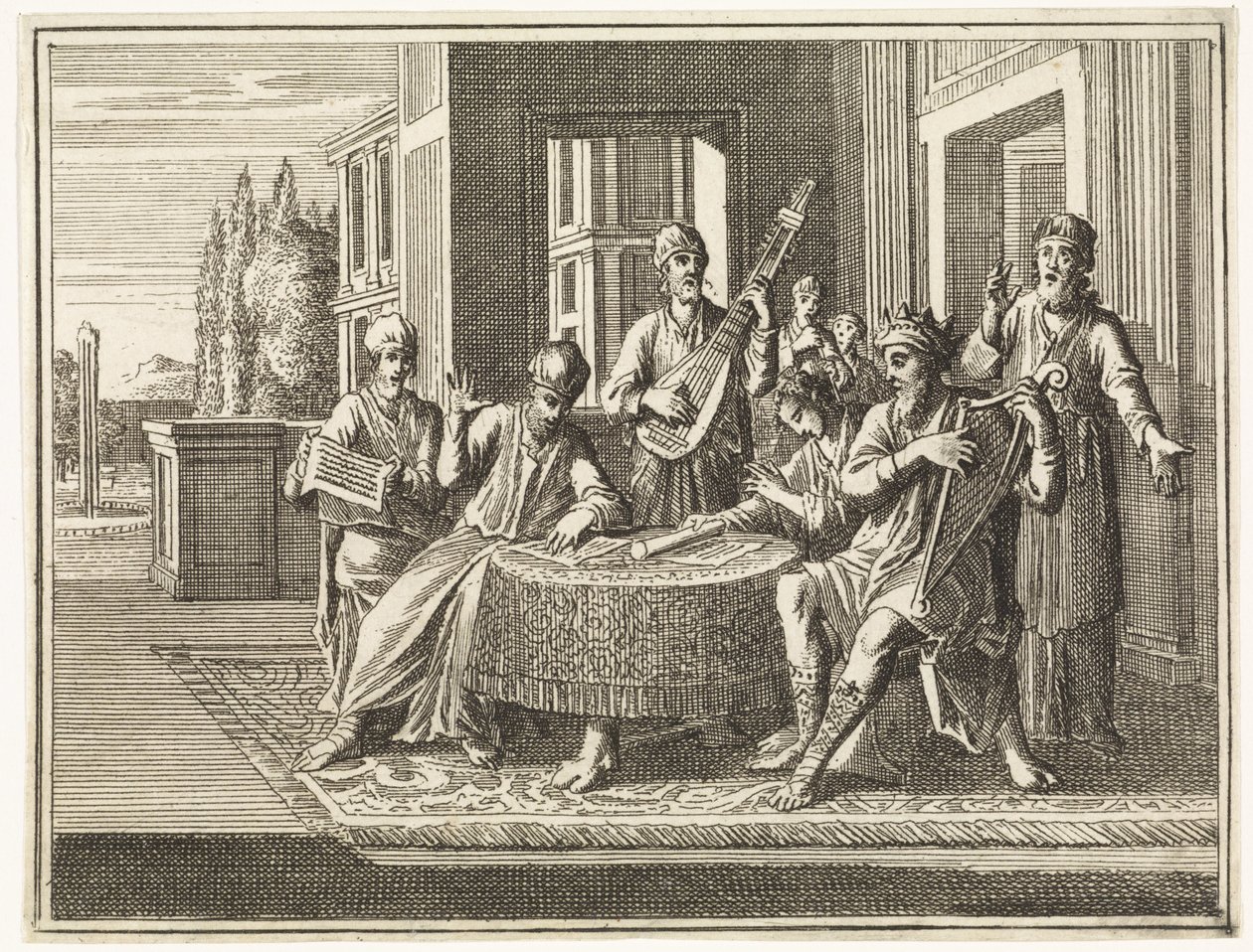 David zit aan een tafel en bespeelt de harp door Caspar Luyken