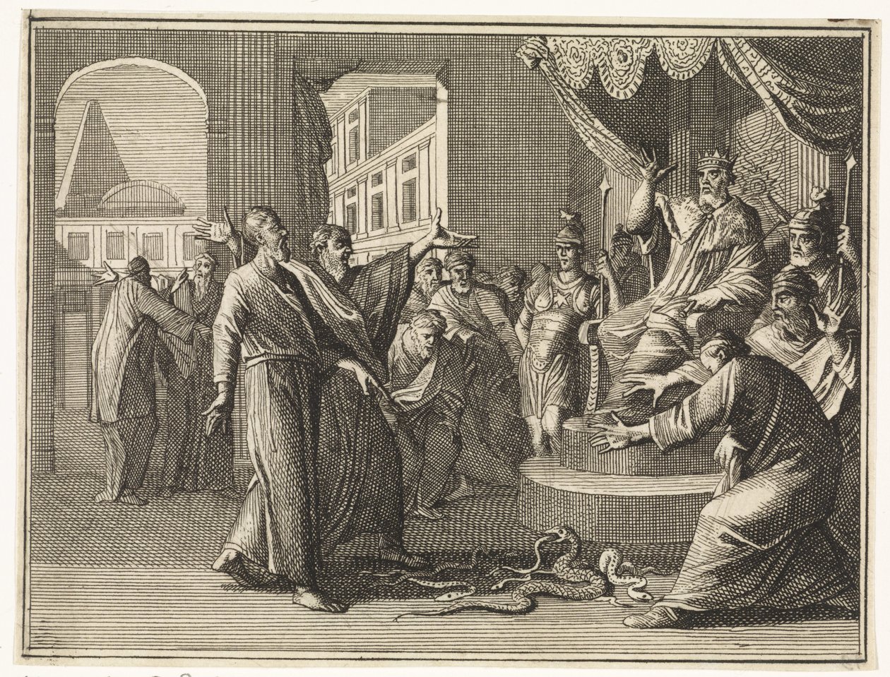 De in een slang veranderde staf van Mozes verslindt die van de Egyptische tovenaars door Caspar Luyken