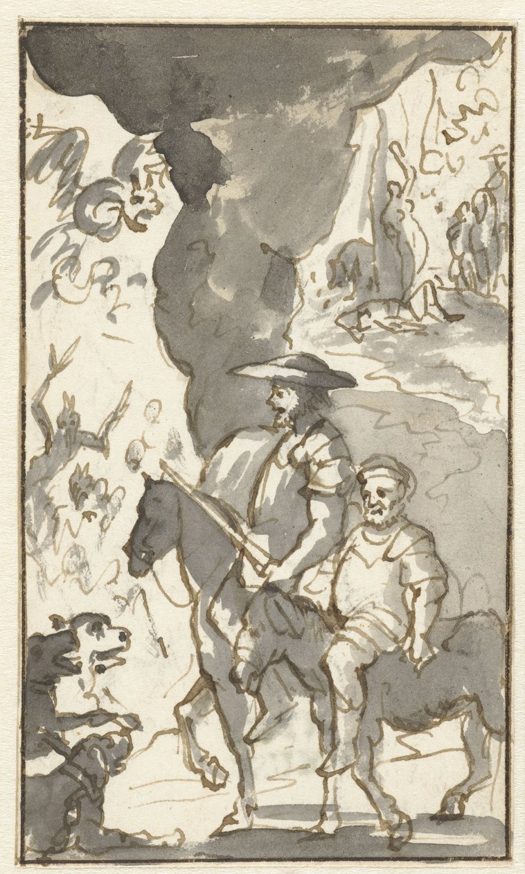 Don Quichotte en Sancho Panza rijden langs een smederij (Ontwerpen voor het vijfde deel van Histoire de l