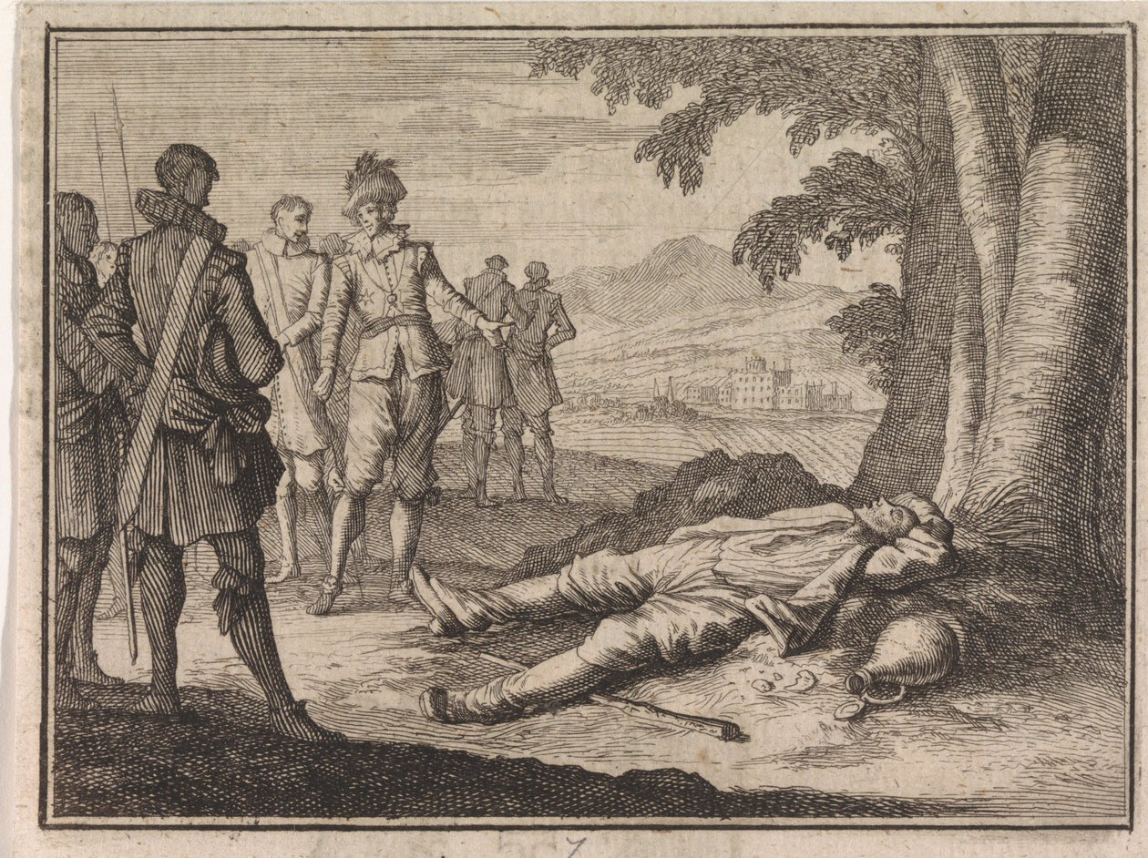 Filips de Goede vindt een beschonken boer onder een boom door Caspar Luyken
