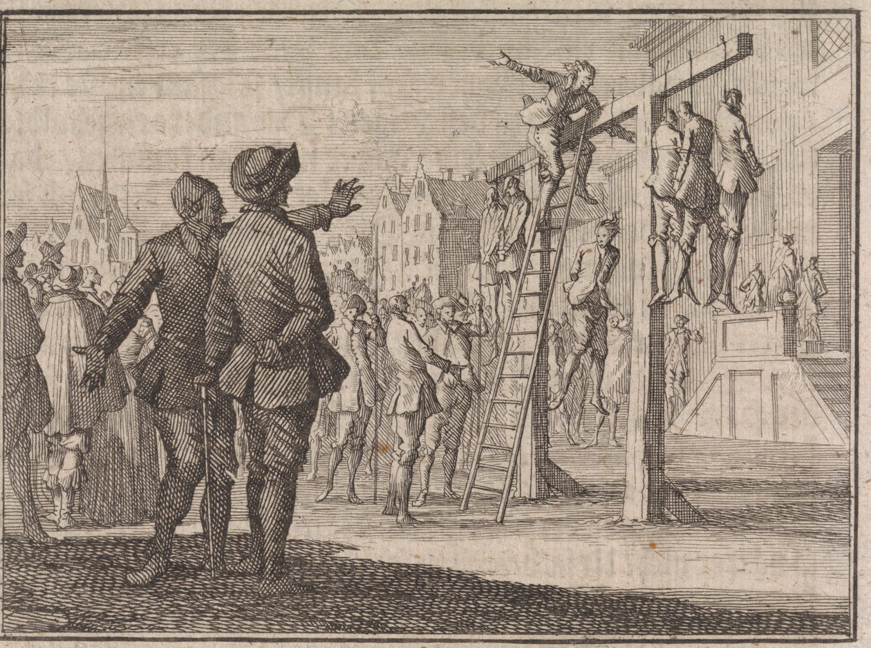 Een gehangene van de dood gered door het breken van de strop te Harlingen door Caspar Luyken